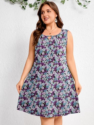 Image of AusLook Plus Size Summer Midi Dress for Women Sleeveless Casual A Line Swing Dress with Pockets Keyhole Neck Beach 1X-5X