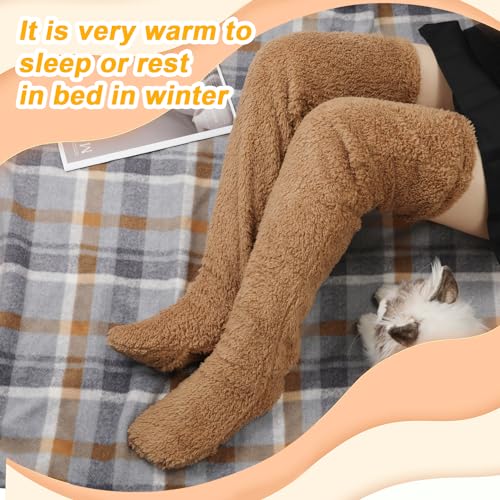 Image of Plush Warmth Long Socks, Over Knee High Fuzzy Socks Fuzzy Leg Warmers Plush Slipper Stockings Teddy Leg Long Sock Furry Long Leg Warmers Fuzzy Thigh High Socks for Women Winter Home Sleeping Socks