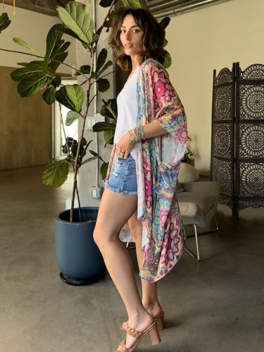 CATCHY & CRAFTY Swimsuit Coverup for Women Kimono Cardigan Beach Floral Boho Print Resort Wear Viscose2