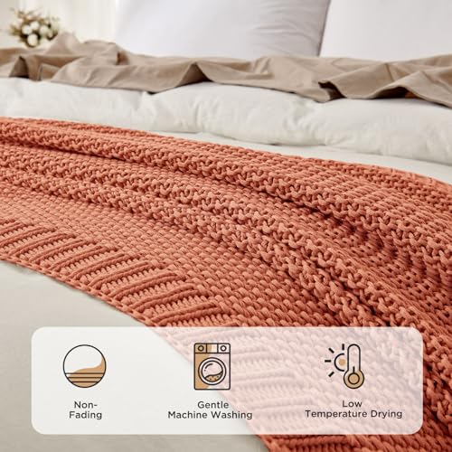 Joydeco Chunky Cable Knit Throw Blanket, Lightweight 100% Cotton Soft Cozy Throw Twin Blanket for Couch Bed and Sofa, Rustic Breathable Farmhouse Blanket Gift for Women Men(Burnt Orange, 60"x80") - image 6