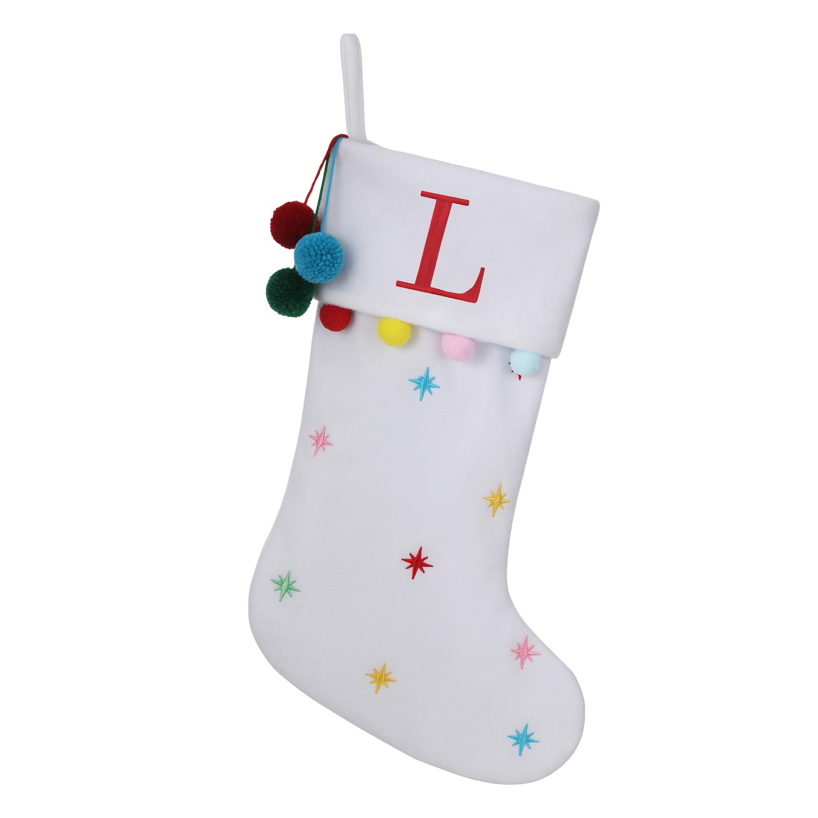 SIRIPHUM 19.5 Inches Initial Monogram White Christmas Stocking Personalized, Embroidered Letter Fleece Christmas Stocking with pom poms Decoration for Family Christmas Holiday Party Decor-L