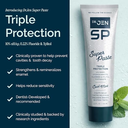 Image of Dr. Jen Super Paste Toothpaste with 10% Premium Nano Hydroxyapatite, Fluoride, Xylitol & Glycerin for Daily Oral Care, Designed for Sensitive Teeth, Vegan, Travel Essentials, Cool Mint Flavor, 1 Pack