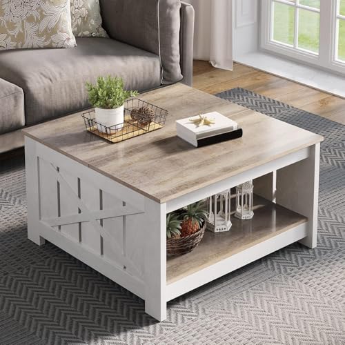 YITAHOME Coffee Table Farmhouse Coffee Table with Storage Rustic Wood Cocktail Table, Square Coffee Tables for Living Meeting Room with Half Open Storage Compartment, Grey Wash