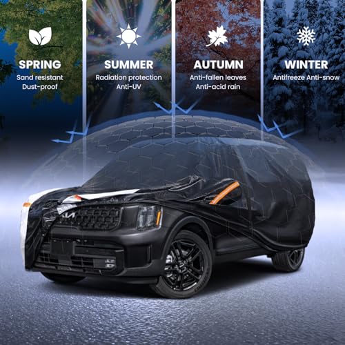 Image of Multi-Layer Car Cover Custom Fit for Kia Telluride(2016-2026), 100% Waterproof All Weather for Automobiles, Gift with Towel, Heavy Duty Car Covers for Rain Sun UV Protection with Door Zipper
