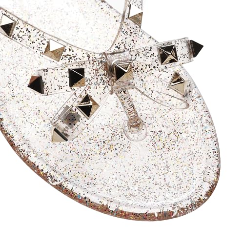 Image of Studded Jelly Shoes for Womens Bow Flip Flops Jellies Sandals Flat Black Summer Beach Thong with Rivets Strappy Slides Slip On