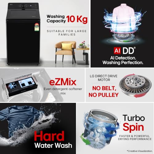 Image of LG 10 Kg, 5 Star, AI Direct Drive Technology, Wi-Fi Enabled, Inverter DirectDrive, Fully Automatic Top Load Washing Machine (TX310NWO, Turbodrum, Hard Water Wash, Turbowash, 6 Motion DD, Onyx Black)