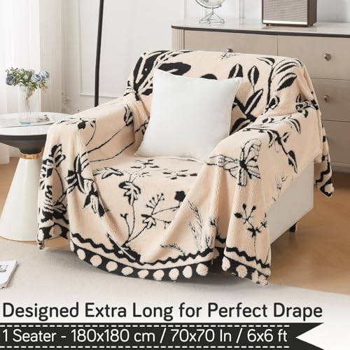 Image of HOKIPO Plush Sherpa Sofa Cover for 1 Seater Sofa | Thick Cozy Washable Sofa Throw | Full Protection Sofa Cover, 'Noirea Series' Butterfly Garden (180x180 cm) (AR-6651-D7)