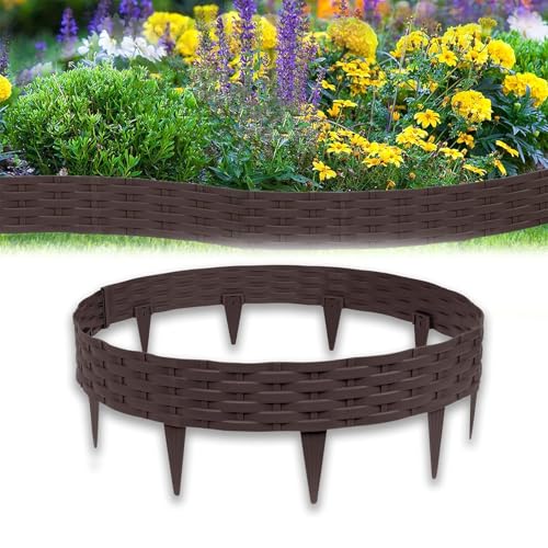 Froadp 100cm Aspect Rotin Bordure de Massif en PP, Palissade de Parterre Flexible de Fleurs en Plastique, DIY Bordurette de Pelouse de Jardin, Courbe et Rond Clôture de Jardin (Lot de 10, Marron)