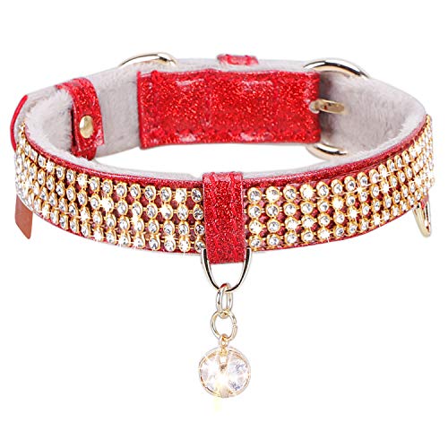 Image of Cat Collar, Dog Collar, [Bling Rhinestones] Premium PU Leather with Pendant Adjustable Collars for Cat and Small Dog Extra Small Red