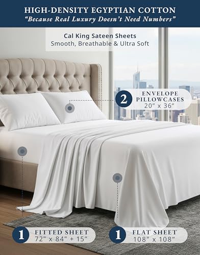 Image of LANE LINEN California King Sheet Sets 100% Egyptian Cotton Sateen - White | California King Sheets - 4-Piece Set, For A Luxurious Night's Sleep, For Guests And Everyday Use, Luxe Sheen, Plush