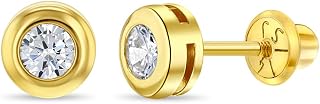 14k Yellow Gold Clear Round Cubic Zirconia Screw Back Earrings For Toddlers and Little Girls - Sparkling Clear CZ Stud Earrings For Young Girls