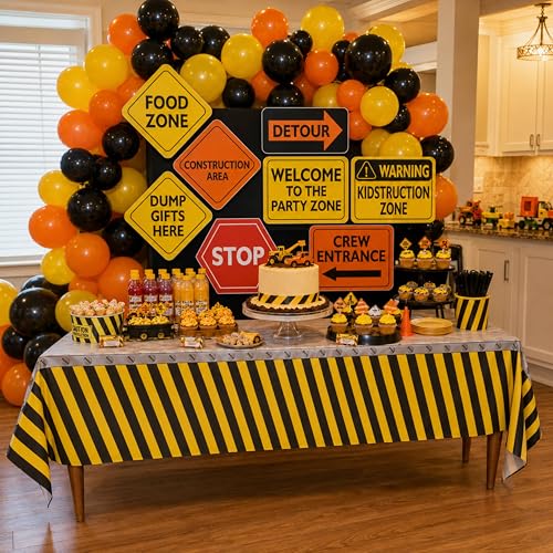 Image of Blue Orchards Construction Table Covers (Pack of 3) - 54 inchx108 inch XL Construction Birthday Party Supplies, Caution Theme Rectangle Disposable Plastic Tablecloths for Event Party Decoration