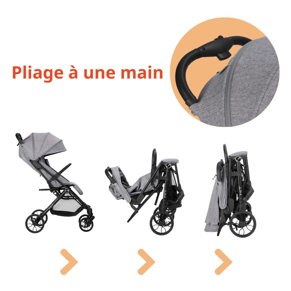 Nurse Hit Poussette légère jusqu’à 22 kg, Pliage compact à une main, Poignée de transport, Dossier inclinable, Capote extensible, Gris