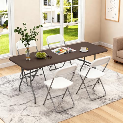 Image of BestOffice 6 FT Picnic Table, Portable Plastic Folding Table with Carrying Handle Perfect for Picnics, Parties, Party and Camping, Brown