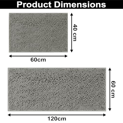 Image of LUXEHOME International Bath Mats for Bathroom Anti Slip Microfiber Chenille Super Absorbent Quick Dry Water Soak Floor Mat for Home Kitchen Door (40x60cm 60x120cm Grey) Pack of 2