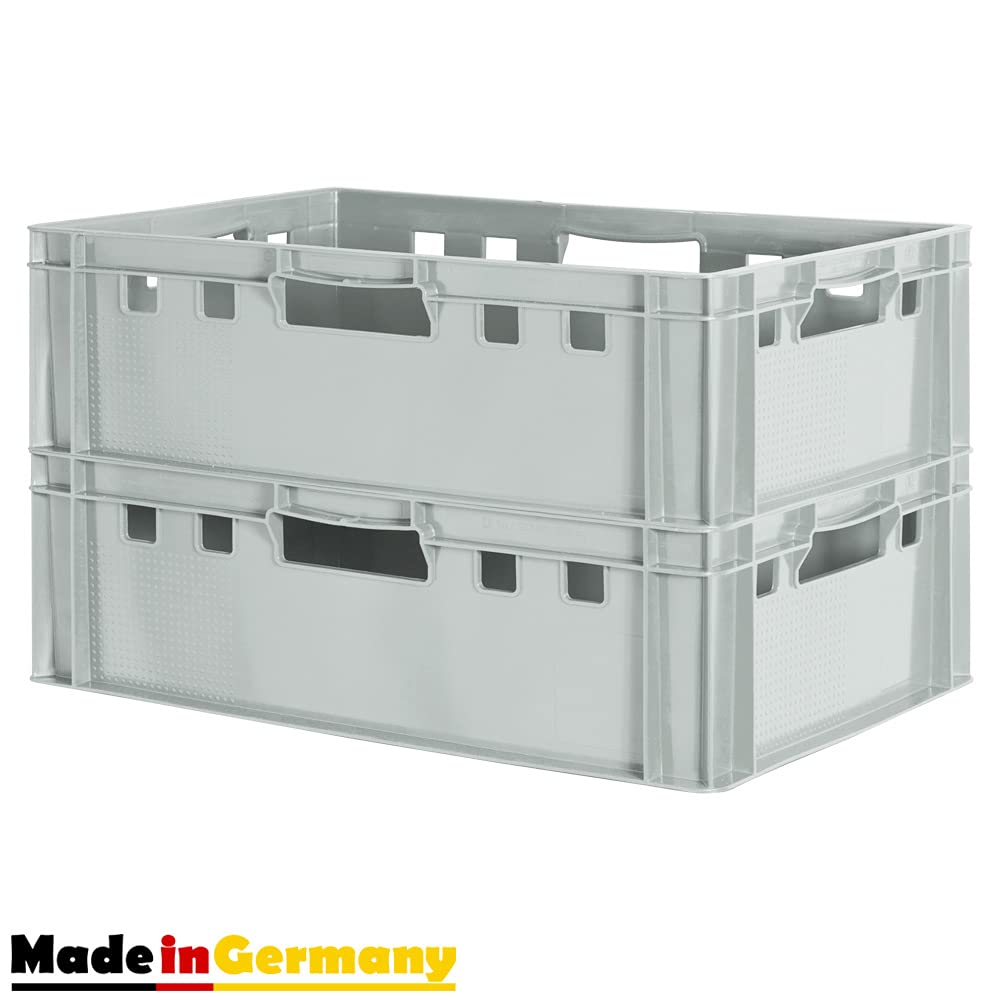 2 Stück E2 Fleischkisten Kisten Eurobox Lebensmittelecht Metzgerkiste Box Aufbewahrungsbox Kunststoff Wanne Plastik Stapelbar Lagerkisten 60 x 40 Grau Kingpower