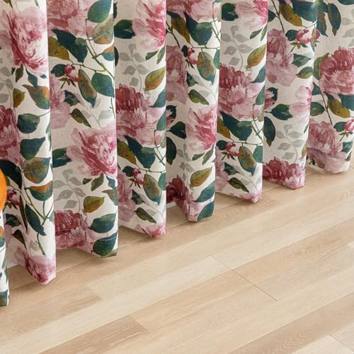 Image of ALIGOGO Floral Linen Patio Curtain for Sliding Door, Extra Wide Curtain 100 Inch for Glass Doors, Elegant Semi-Sheer Light Filtering Farmhouse Grommet Room Divider Drape 1 Panel, W100 x L90 Inch, Pink