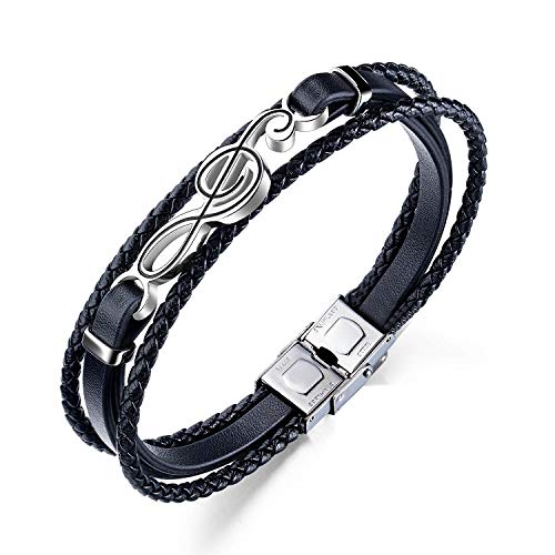 ESTUYOYA - Pulsera de Cuero y Acero Inoxidable Exclusivo Diseño Nota Musical con Cierre de Seguridad Antiperdida Tamaño Ajustable Amuleto de la Suerte Cover
