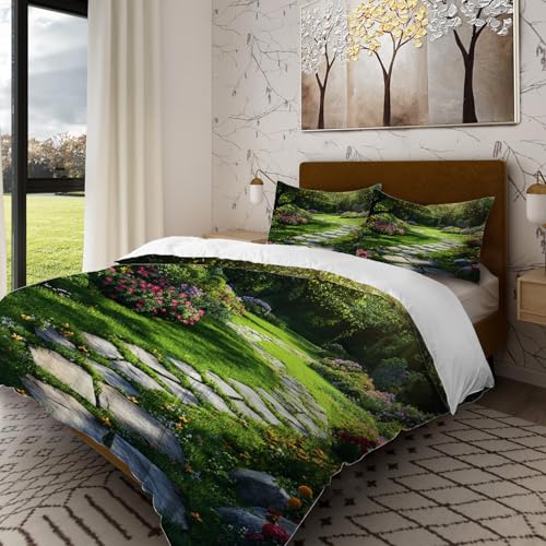 Batmerry Blooming Plants Stone Path - Juego de funda de edredón de 3 piezas, suave, esponjoso, ligero, sereno, ambiental, 100% algodón, estampado para todas las estaciones