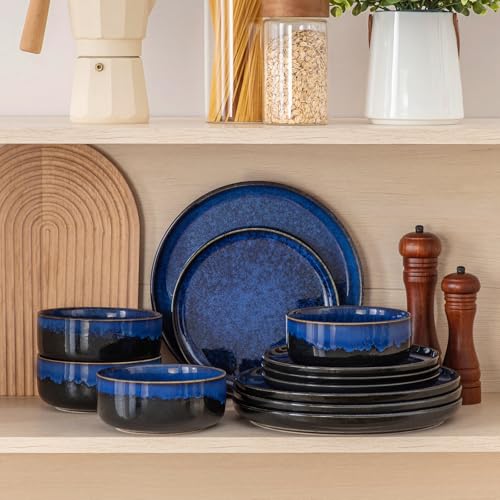 Geschirr set 4 Personen, vancasso STARRY 12 teiliges GeschirrSet, Steingut Geschirr Blau, Tafelservice 4 Personen, Inklusive Speiseteller, Dessertteller und Müslischalen