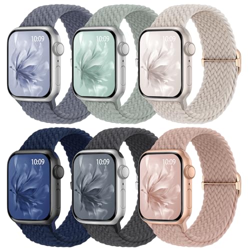 Image of 6 Pack Braided Stretchy Bands Compatible with Apple Watch Band 38mm 40mm 41mm 42mm 44mm 45mm 46mm 49mm Women Men, Adjustable Nylon Solo Loop Elastic Straps for iWatch Series 11 10 9 8 7 6 5 4 SE Ultra