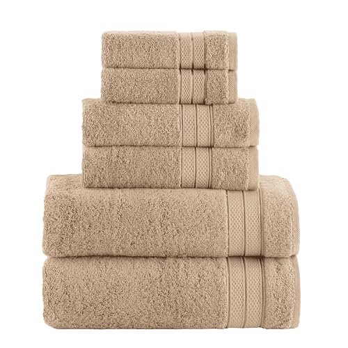 Image of Elegant Comfort Luxury 6-Piece Towel Set, Premium Soft 100% Turkish Cotton, Three Line Popcorn Design 2 Bath Towels, 2 Hand Towels and 2 Washcloths Towel Set - Quick-Drying and Absorbent, Tan