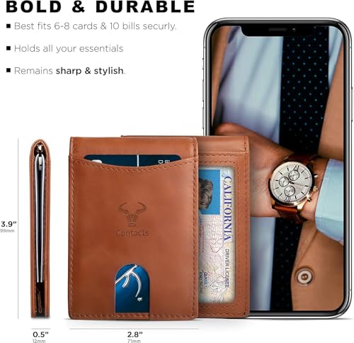 Image of Contacts Genuine Leather Money Clip Wallet Slim Front Pocket RFID Blocking Card Holder Minimalist Mini Bifold for Men's with Smart Pull Strap 8 Card Slots Photo ID (Temp)
