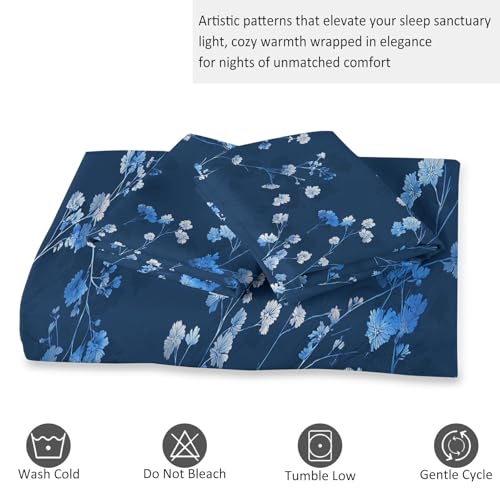 Housse de couette 220x240 fleur bleu rétro parure de lit 2 taies oreiller
