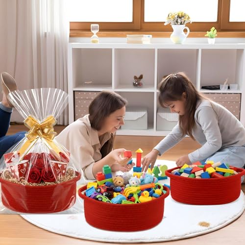 Image of Colingmill Woven Basket with Gift Bags and 2 Ribbons, Raffia Grass Paper Shred Filler, Gift Card, Empty Small Rope Basket for Storage Presents Toy Organizer(Red,12 * 8 Inch)