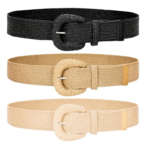 WHIPPY 3 Packs Women Straw Woven Elastic Stretch Waist Belts Fashion Boho Braided Skinny Ladies Dress Belt