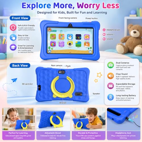 Image of Kids Tablet ，7 Inch Tablet with Android, 2GB RAM 32GB ROM, Eye-Protective IPS Display, Pre-Installed Educational Apps, Parent Control, Shockproof Silicone Case