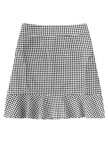 Floerns Women s Gingham Print Ruffle Hem A Line Mini Skirt Black and White L