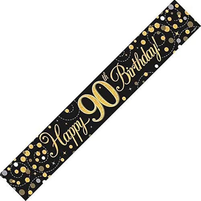9ft Banner Sparkling Fizz 90th Birthday Black & Gold Holographic