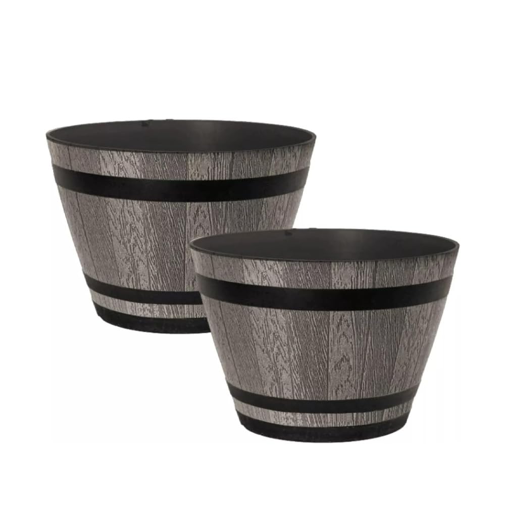 Plastic Whiskey Barrel Planter, Brown Ash 9L Capacity-Outdoor Garden Decor Plant Pot with Drainage Holes - Weatherproof, UV-Resistant Garden Pots-Indoor & Outdoor Flower/Plant Pot (30cm 12inch 2Pack)