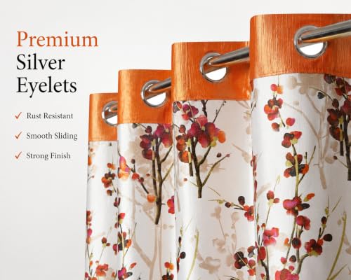 Image of 9 Feet Polyester Floral Light Filtering Long Door Curtains for Bedroom, Living Room & Hall, Eyelet Top, Orange Print Curtain Set of 3