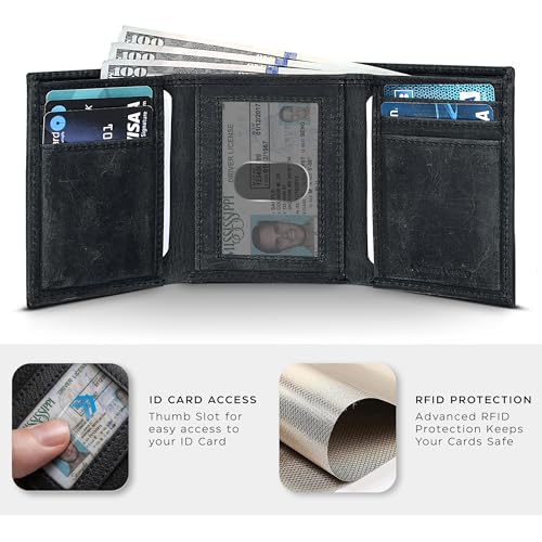 Image of Tri fold Leather Wallet for Men with RFID | Slim Wallets for Men with 1 ID and 6 Credit card slots | Front Pocket Minimalist