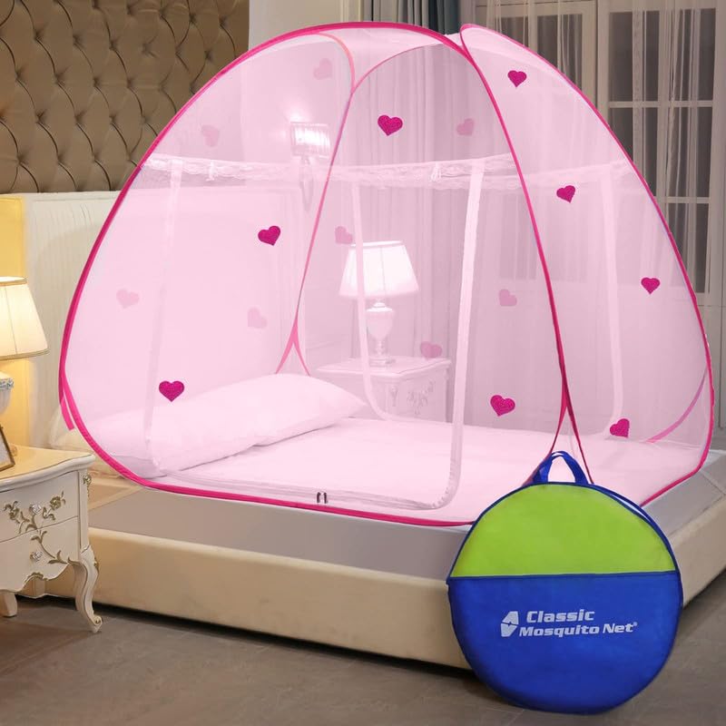 Classic Mosquito Net for Double Bed | Heart Design (Limited Edition) | Queen Size Foldable Machardani | Polyester 30GSM Strong Net | PVC Coated Corrosion Resistant Steel Wire - Full Pink