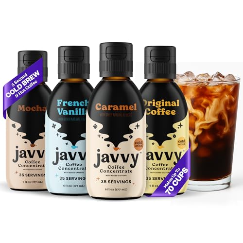 Image of Javvy Cold Brew Coffee Concentrate Instant Coffee, Variety, 4 Pack | 100% Real Coffee, 0g Sugar, No Artificial Flavors, 60-80mg Caffeine per Serving, Gluten Free, Makes Hot or Iced Coffee
