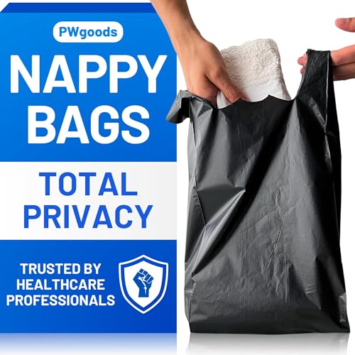 Adult Nappy Bags - 200 Pack, 20% Thicker Sacks, Easy Tie Handles, Odour Free, Discreet Black Plastic, Strong Sanitary Disposal Bag, Large Incontinence Pads