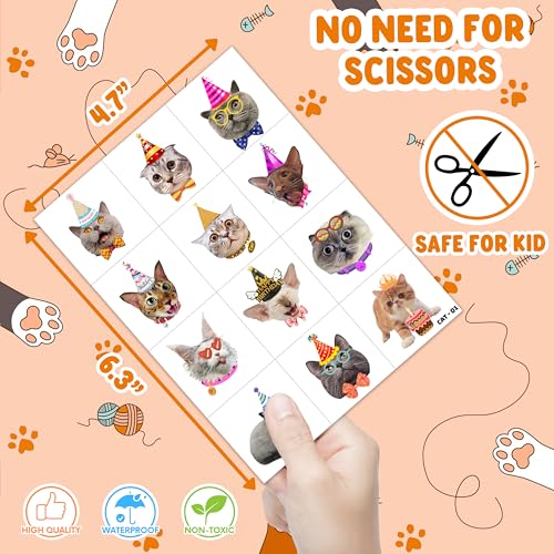 Image of 96 PCS Pre-Cut Cat Temporary Tattoos for Kids | Birthday Party Favors Gifts | Super Cute Cats Pet Themed Animal Paw Fake Tattoo Stickers, Supplies, Decorations, Rewards for Boys Girls