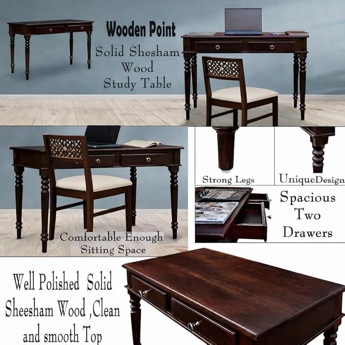 Image of Solid Sheesham Wood Two Drawer Study Table with Chair | Students Reading & Writing Table | Laptop & Work from Home Table (Dark Walnut)