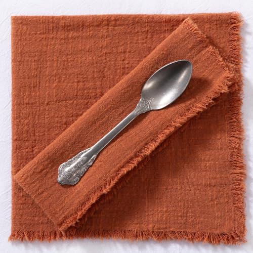 Image of MLMC 6 Pack Terracotta Cloth Napkins Boho Linen Napkins with Fringe Burnt Orange Rustic Dinner Napkins Washable Cloth Napkins 17 inchx17 inch for Wedding Party Bridal Baby Shower Home Decor