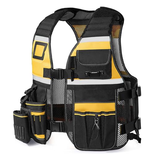 Trahzia Tool Vest for Men with Adjustable Strap, Reflective Safety Work Vest for Electrician, Carpenter, Construction, Black and Yellow