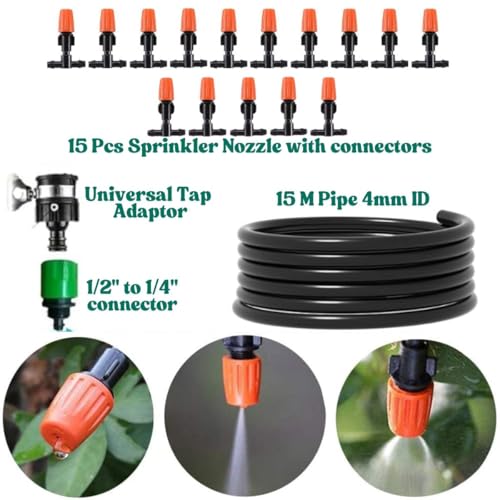 Image of JERN DIY 15 Nozzle Drip Irrigation Kit for Plants, Automatic Plant Watering System with Misting Cooling Nozzles, DIY Garden Irrigation Set for Balcony, Terrace, Lawn, Patio, Greenhouse & Outdoor Use