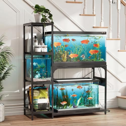 Image of VOWNER 20-29 Gallon Fish Tank Stand with Power Outlet, Wood Aquarium Stand with Shelves for Fish Tank Accessories Storage, Heavy Duty Metal Frame, Turtle Reptile Terrarium Stand, Load 500lb, Grey