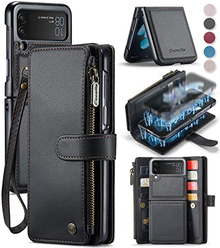 CaseMe for Samsung Galaxy Z Flip 4 5G Case Wallet Case Cover for Women Men Durable 2 in 1 Detachable Premium Leather with 10 Card Holder Slots Magnetic Zipper Pouch Flip Lanyard Strap Wristlet Black