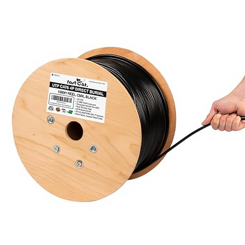 fast Cat. Cat6 Direct Burial Outdoor Ethernet Cable 1000ft - Waterproof Cat6 Cable with 23AWG Solid Copper Conductors - CMX, UTP 550MHz, PoE++ Negro