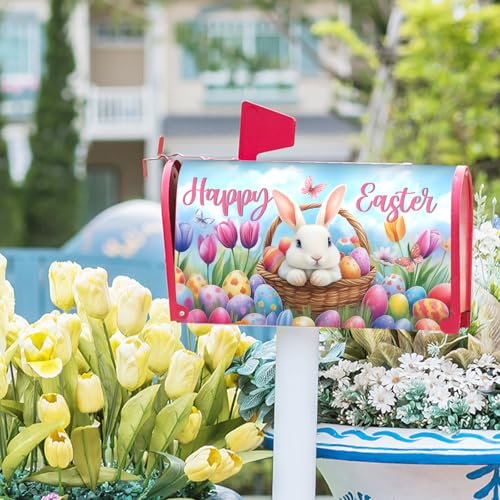 Image of Spring Easter Mailbox Covers Easter Bunny Eggs Mailbox Cover Magnetic Standard Size 21 inchx18 inch Happy Easter Mailbox Wrap Spring Floral Tulips Post Letter Box Cover for Home Outdoor Garden Mailbox Decor