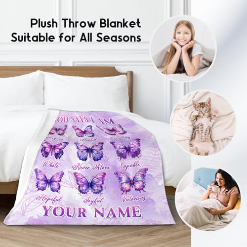 Custom Butterfly Blanket, Cozy Soft Throw Gifts for Teens Girls, 50x60 Inch Cute Flannel Blanket for Butterfly Lovers, God Says I Am Throw Blankets for Bed Travel