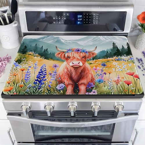 Image of Highland Cow Stove Top Cover for Electric Stove, Highland Cows Range Covers, Flower Range Top Mats, Glass Cooktop Covers 28x20 inch, Cute Animal Spring Cooktop Cover for Kitchen Holiday Home Decor